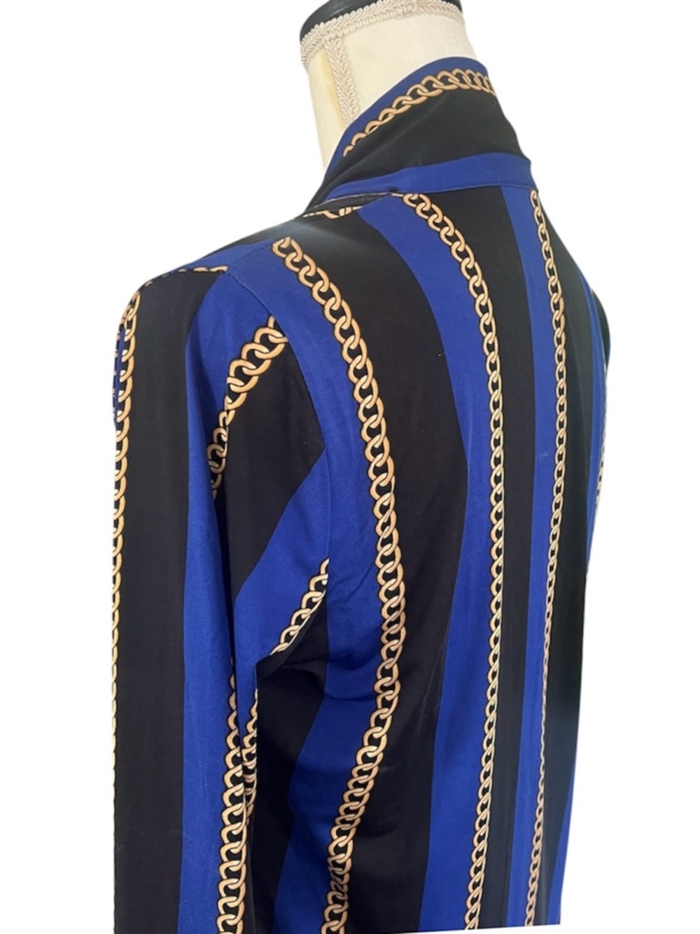 NWT MaxSport Chain Print Pattern Neck Tie Long Sleeve Cobalt Blouse Size Medium - Picture 7 of 13